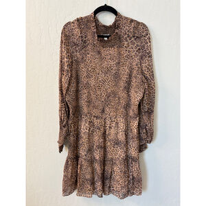 ML Monique Lhuillier Leopard Print Dress Smocked‎ Long Sleeve Mini Sz 10